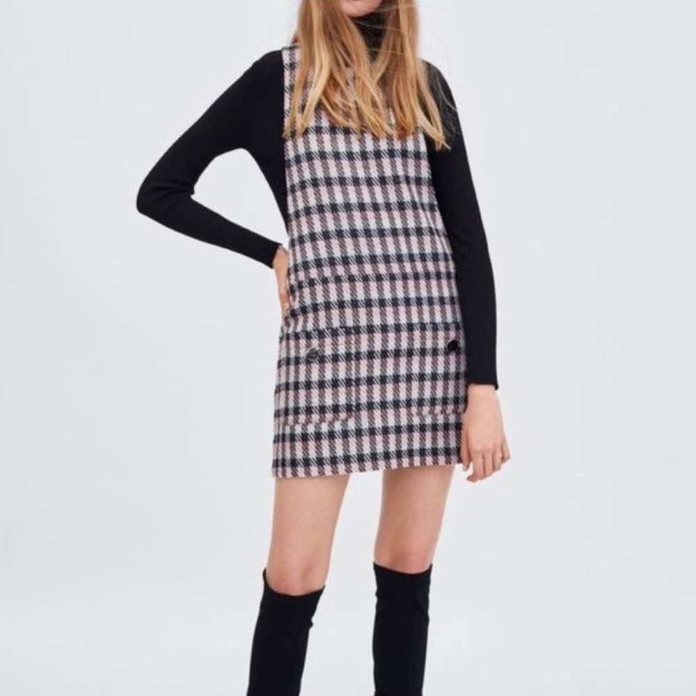 Zara Pink and Black Checked Mini Pinafore Dress